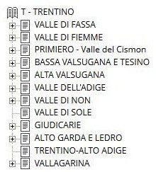 Classificazione geografica trentina Cliccando sul bottone della classificazione geografica trentina si apre un menu ad albero che consente di navigare all'interno della classificazione, in cui