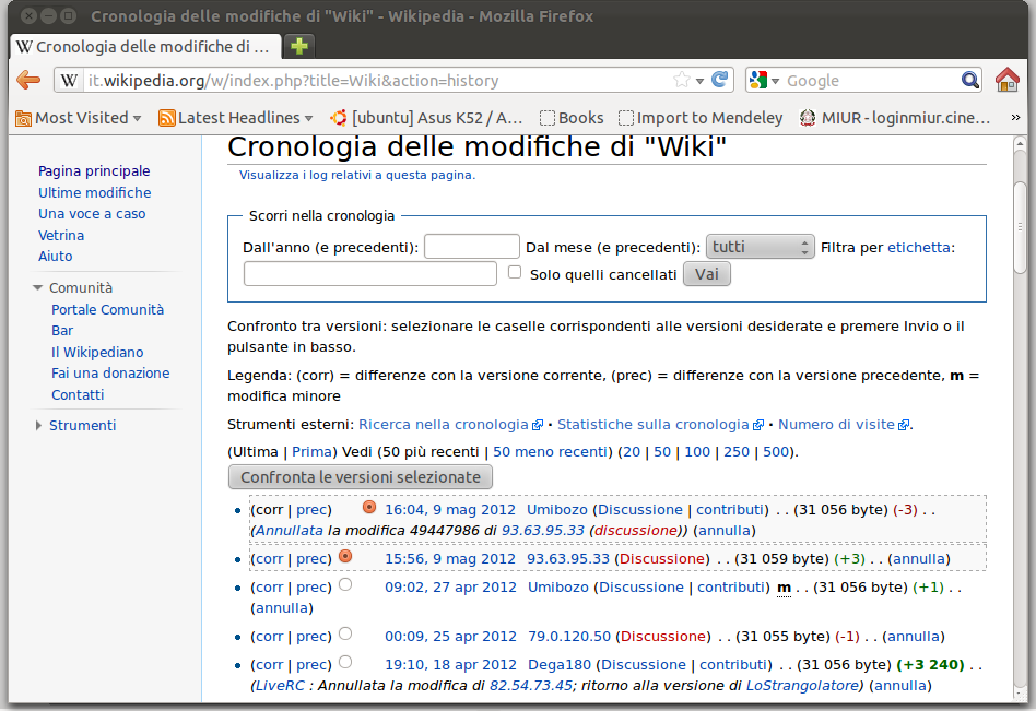 Wiki (7) Cliccando su Visualizza cronologia si apre la lista delle modifiche fatte in passato alla pagina Qui è possibile recupreare versioni precedenti