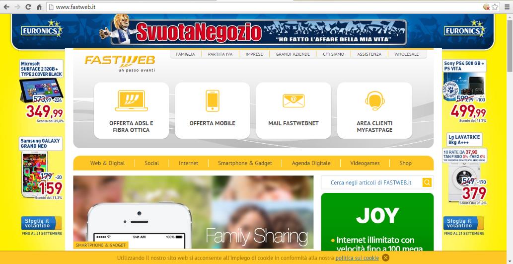 compagnia, appunto il giallo, tende a far risaltare poco le informazioni rilevanti della pagina e lo stesso logo Fastweb è meno visibile rispetto alla scritta Euronics.