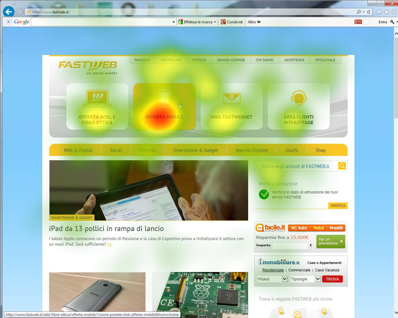 FIGURA 49: Heat Map, Task 2 fastweb La compagnia concorrente, al contrario, anche per via del pulsante Offerta Mobile al centro della schermata, ha ottenuto per questo task esiti favorevoli molto