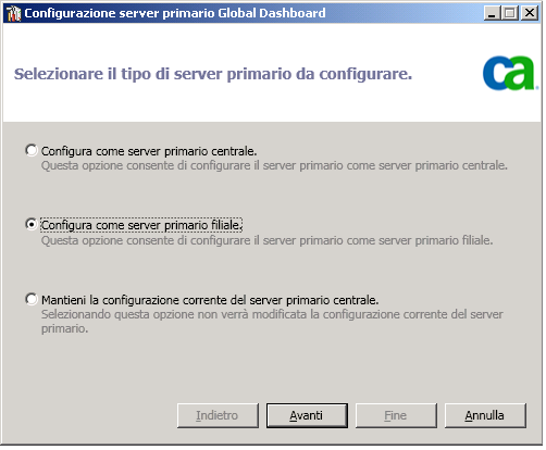 Configurare Global Dashboard Alla termine dell'installazione di CA ARCserve Backup verrà avviata l'utilità di configurazione di Global Dashboard.