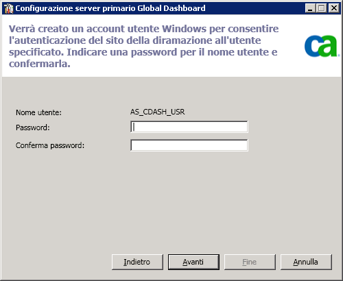 Configurare Global Dashboard 4. Fare clic su Avanti. Viene visualizzata la schermata per immettere le informazioni sull'autenticazione utente. 5.