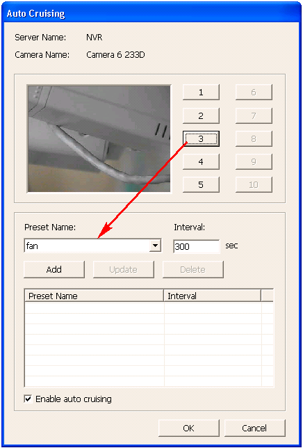 selezionare Cruising automatico > Configura. 4. Fare clic sui tasti numerici per visualizzare le posizioni preimpostate della telecamera PTZ.