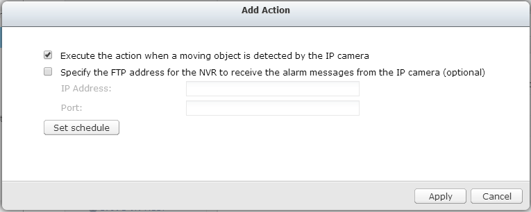 Azioni: L'NVR supporta diverse azioni che possono essere attivate quando gli eventi selezionati vengono attivati sulle telecamere di rete o dai server video.