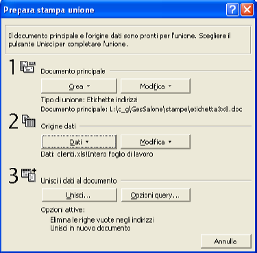 9) Prepara stampa unione: apre la finestra prepara stampa unione dove trovo tutte le caratteristiche del documento principale di stampa unione: 10) Individua errori: permette di ricercare errori all