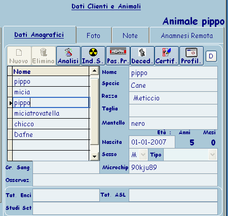 2.2.4. Animali- inserimento Gli animali sono legati all anagrafica del cliente.