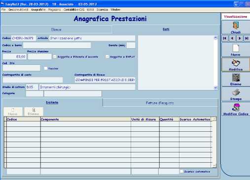 2.13.3. Anagrafica Prestazioni Anagrafica delle Prestazioni che lo Studio può effettuare, utilizzate nella emissione delle Fatture. Inserimento nuova Prestazione 1. Fare click su ; 2.