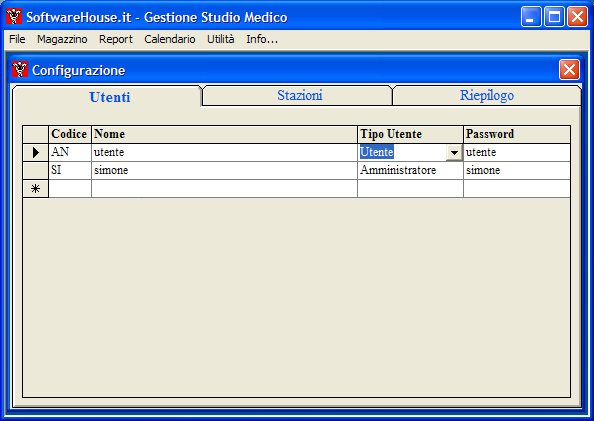 Selezionando la voce Utenti sarà possibile inserire il nome dell utente, il tipo, e la password. fig.