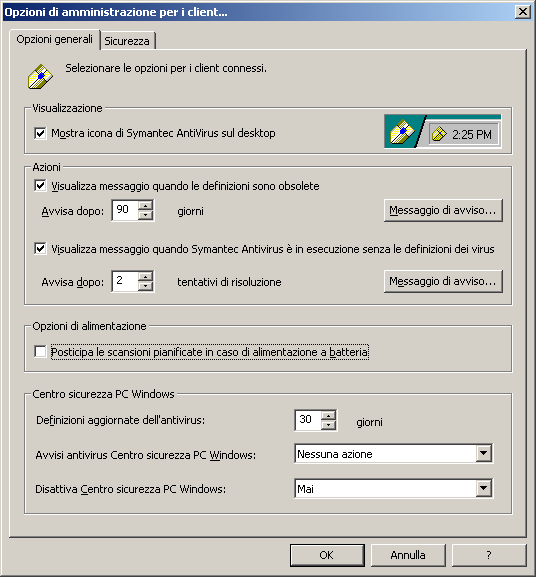 Gestione di Symantec AntiVirus Miglioramento della sicurezza del gruppo di server 69 Configurazione degli avvisi da visualizzare sul computer host È possibile configurare Centro sicurezza PC Windows
