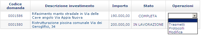 5. Fase interlocutoria Nel caso in cui sia richiesto di modificare i moduli e gli allegati precedentemente compilati online, l Ente dovrà selezionare la voce Modifica dal menu Operazioni e procedere