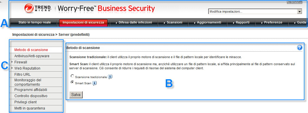 Guida dell'amministratore di Worry-Free Business Security 9.0 SEZIONE DESCRIZIONE A. Menu principale Il menu principale si trova lungo il lato superiore della console Web.