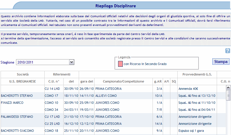 Riepilogo Disciplinare Questa funzione mostra una pagina che visualizza in una griglia le informazioni del riepilogo disciplinare per la società corrente.