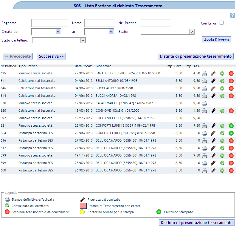Tesseramento SGS: Pratiche aperte Questa funzione mostra l elenco delle pratiche di tesseramento in essere ed il loro stato.