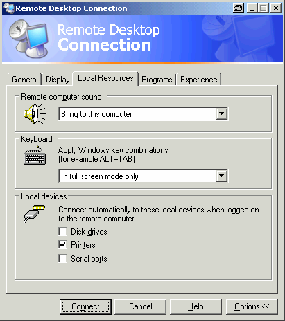 Appendice B: Interfaccia LAN 6. Aprite la scheda Local Resources per abilitare le stampanti, i drive locali e le interface seriali. 7.