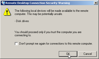 Appendice B: Interfaccia LAN 8. Se nella scheda Local Resources è attivata l opzione Disk drives, compare un messaggio di avvertimento indicante che i drive sono abilitati all accesso dall FSL. 9.