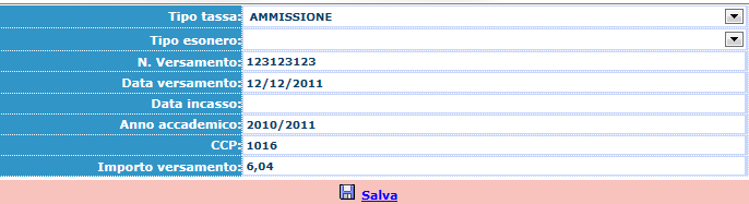 - 6,04 sul c/c postale n. 1016 intestato a Agenzia delle Entrate - Centro operativo di Pescara con la causale Tassa Esame Ammissione A.A. 2015/2016-100,00 sul c/c postale n.