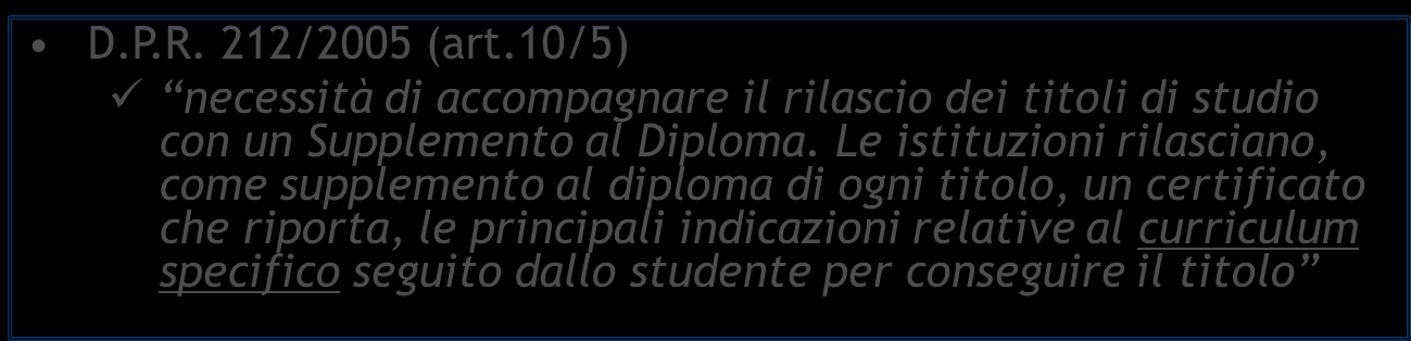 DIPLOMA SUPPLEMENT, LA NORMATIVA ITALIANA Decreto Ministeriale 9/2004 Anagrafe Nazionale degli Studenti e dei Laureati