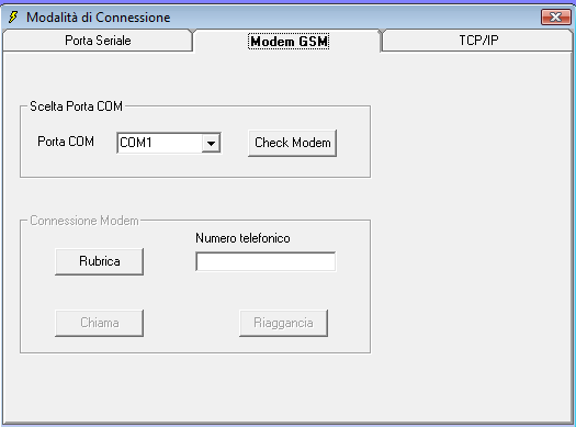 5.2.2 GSM Modem Fig. 7 In questa sezione è possibile eseguire le operazioni preliminari necessarie per connettersi alla scheda di controllo tramite il modem GSM.