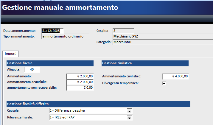 Come possiamo osservare, oltre ad essere stati compilati i campi con gli importi degli ammortamenti, sono stati compilati anche i campi utili ai fini della gestione della FISCALITA DIFFERITA.