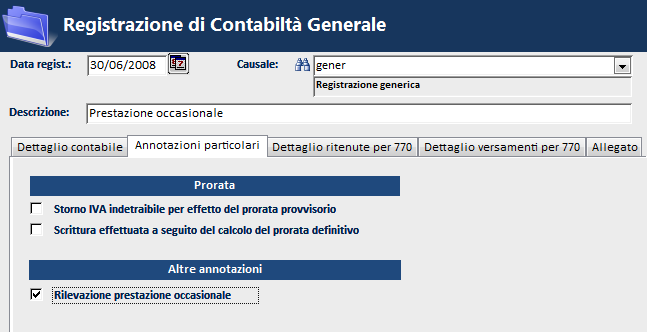 Nei paragrafi seguenti vedremo come registrare una ricevuta per prestazione occasionale di 1.000,00 EURO (lordi).