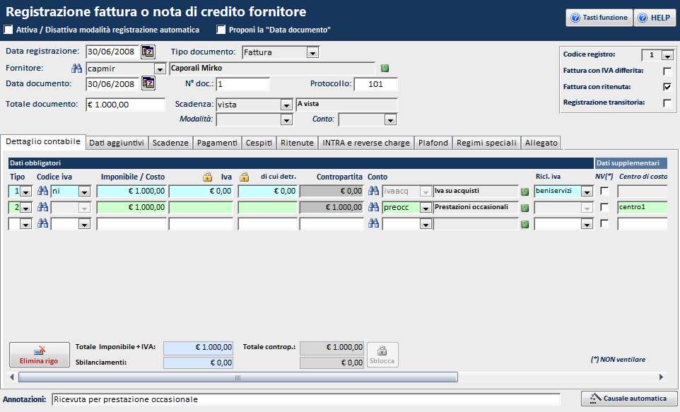 In alternativa, possiamo anche inserire il percipiente nell anagrafica fornitori, e selezionarlo nel campo