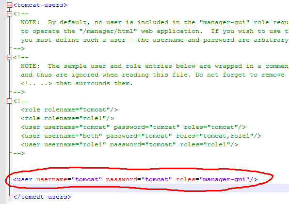 aggiungere la seguente riga appena prima di '</tomcat-users>': <user username="tomcat" password="tomcat"
