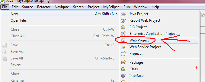 creiamo il web project in myeclipse: Selezionare file/new/web