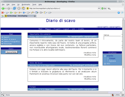 3 L interfaccia Web Figura 3.9. Schermata della pagina del diario di scavo indicata e ordinati per data. Il risultato della query viene formattato come si vede nell immagine e presentato all utente.