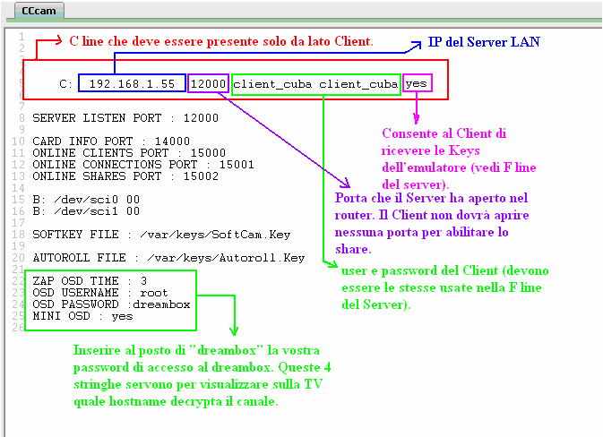 Editare il seguenti file: - CCcam.cfg (in: \var\etc\ ): Il client CCcam non dovrà aprire nessuna porta all IP del dreambox.