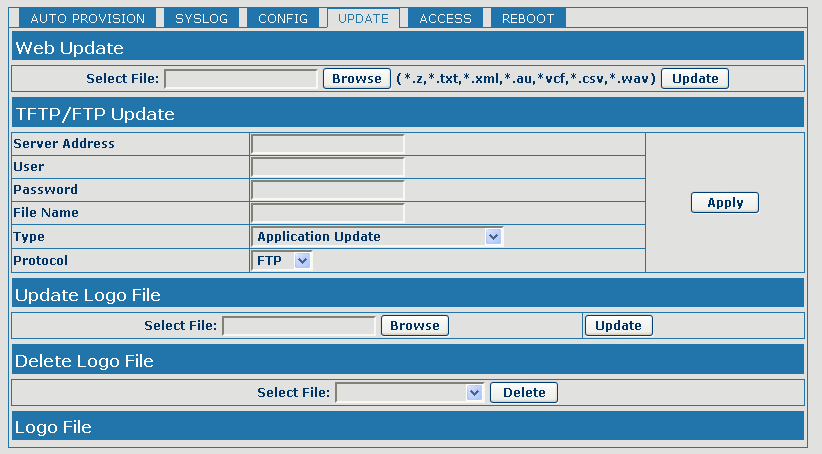 La pagina Config permette di salvare, ricaricare e azzerare la configurazione del telefono La pagina Update permette di aggiornare