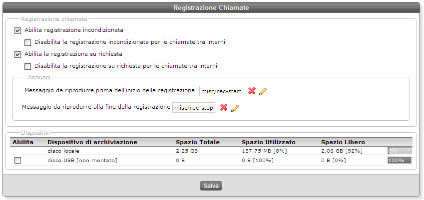 Capitolo 7 - Registrazione Chiamate KalliopePBX permette di effettuare la registrazione delle chiamate in ingresso e/o in uscita (oltre a quelle tra interni) secondo due modalità: registrazione