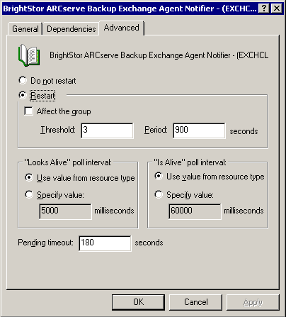 Registrazione manuale delle risorse cluster Il diagramma che segue mostra la modalità di visualizzazione corretta delle opzioni nella scheda Avanzate di CA ARCserve Backup Exchange Agent Notifier.