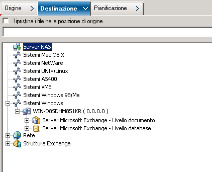 Selezione delle origini e delle destinazioni di ripristino Impostazione manuale del percorso del file system durante il ripristino di dati in un file system Windows (Per Exchange Server 2007, 2010 e