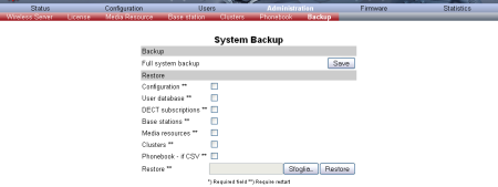 1. Cliccare su Administration e poi su Backup 2. Nella sezione Restore, cliccare su Sfoglia, scegliere il file di backup in cui erano state salvate tutte le configurazioni e poi cliccare su Restore 3.