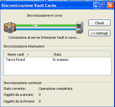 36 Gestione dell'archiviazione con Enterprise Vault Sincronizzazione del Vault Cache Per sincronizzare il Vault Cache Nella scheda Enterprise Vault, nel gruppo Vault Cache, fare clic su Sincronizza.