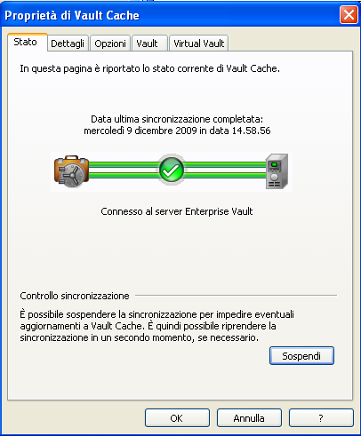Gestione dell'archiviazione con Enterprise Vault Sincronizzazione del Vault Cache 37 Per sospendere o riprendere la sincronizzazione 1 Fare clic sulla scheda File e quindi su Enterprise Vault.