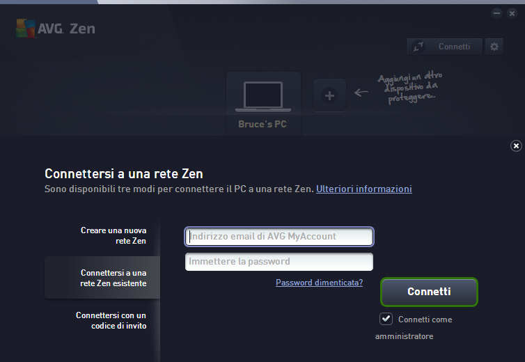 2. Selezionare il riquadro Connettersi a una rete Zen esistente a sinistra della finestra di dialogo secondaria visualizzata. 3. Immettere il nome utente e la password di AVG MyAccount.