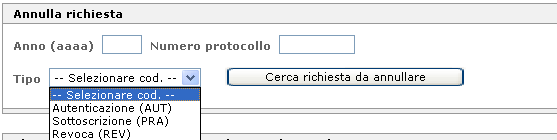 6. Modifica richieste di registrazione Dal menu Modifica è disponibile la funzione : Richiesta di registrazione. L'unico tipo di modifica previsto è l'annullamento di una richiesta.