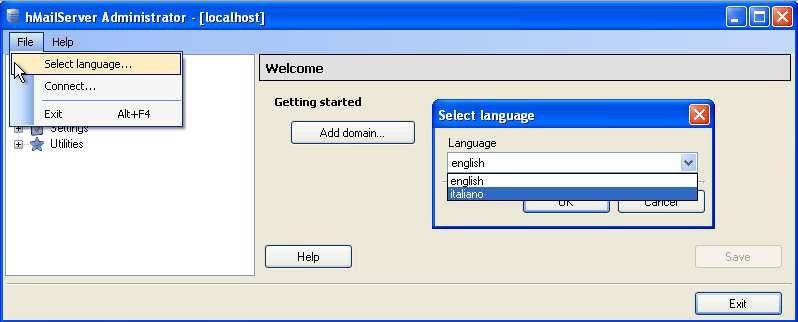 Apro hmailserver per la prima volta ed imposto la lingua in italiano.