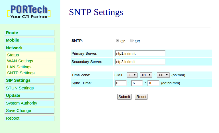 SNTP Settings Al fine di definire l'sntp cliccare su Network > SNTP Settings.