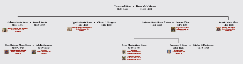 VIII A conclusione del percorso espositivo, questo pannello presenta un albero genealogico parziale e ragionato dei duchi di Milano, a partire da quando il casato degli Sforza si innestò su quello