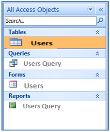 Il pannello oggetti database (Database Object Pane) è situato nella parte sinistra della finestra e nel suo interno vengono elencati tutti gli oggetti:: Tabelle Query Form Report Fig. 18.