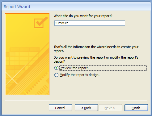 Il Report Wizard vi guiderà alla progettazione in pochi passi, definendo tutti gli elementi necessari: Fig. 62 Report Wizard 6.1.
