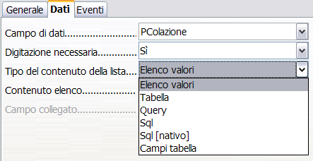 Figura 39: L'elenco a tendina si apre per mostrare le opzioni 5) Fate clic sulla scheda Dati. Tipo del contenuto della lista è un elenco a tendina; qui selezionate Sql.