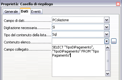 Figura 41: Contenuto elenco per i campi relativi al tipo di pagamento Sugger imento Nota Dovreste poter copiare ed incollare SELECT "TipoDiPagamento", "TipoDiPagamento" FROM "Tipo Pagamento" da