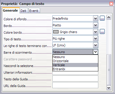 Figura 43: Selezione delle Barre di scorrimento nella finestra Proprietà 4) Chiudete la finestra Proprietà. 5) Allungare il campo Note.