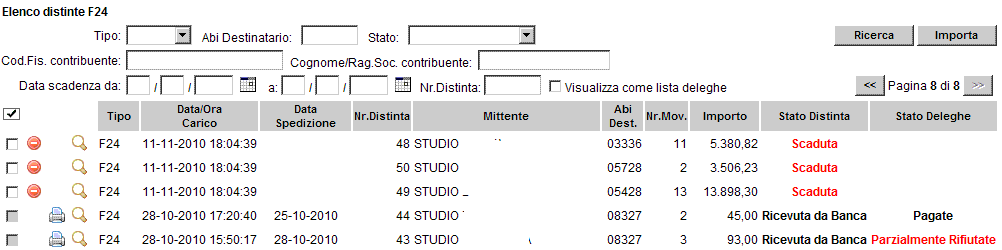 Possono assumere i seguenti valori:: PARZIALMENTE SCARTATE, parte delle deleghe contenute nella distinta, sono state scartate dalla Banca destinataria, PARZIALMENTE RIFIUTATE, parte delle deleghe