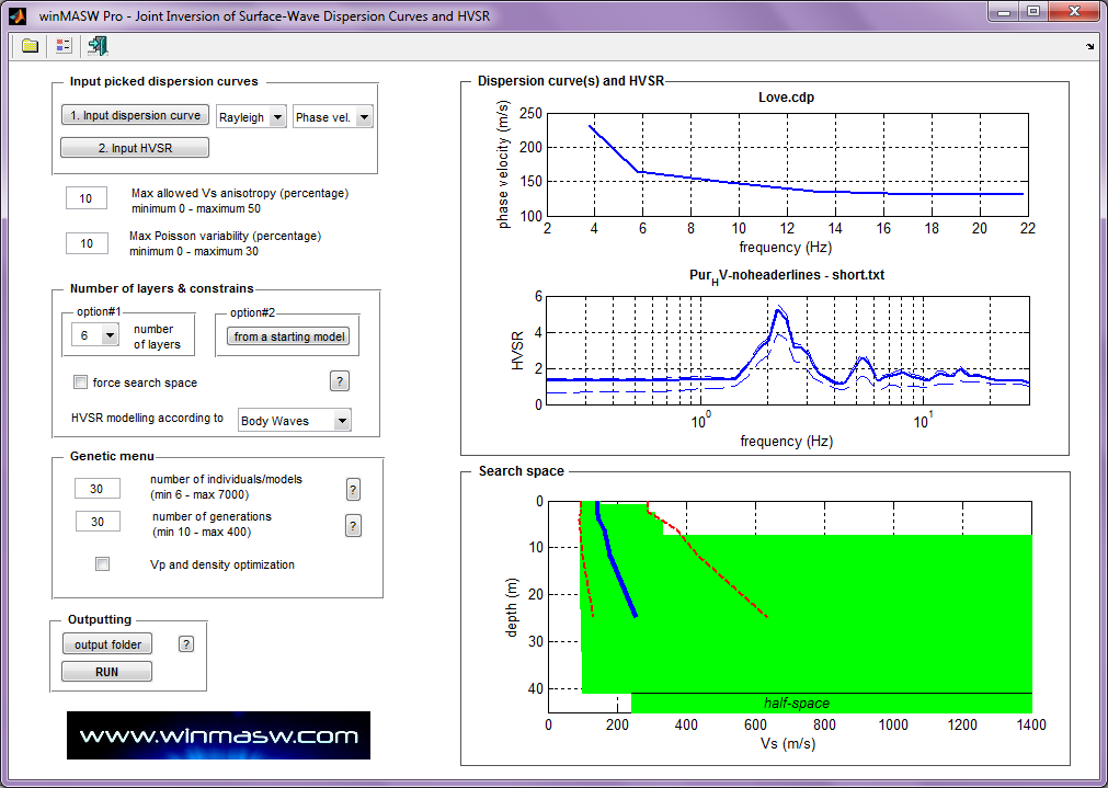 pag. 130 winmasw La schermata è analoga a quelle simili riguardanti l inversione congiunta onde di Rayleigh & Love e non necessita particolari spiegazioni.
