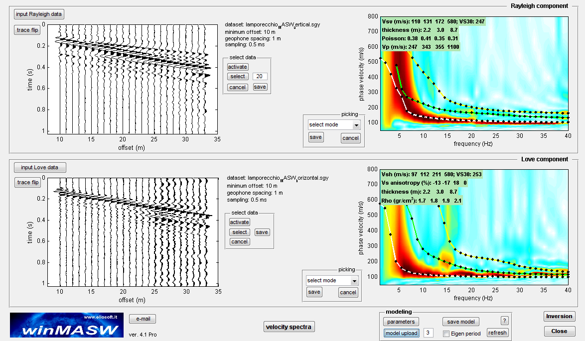 pag. 150 winmasw Dati per analisi ReMi e l inversione congiunta di Rayleigh & Love Nella cartella data/lamporecchio sono anche presenti 3 datasets acquisiti durante un workshop svolto in terra