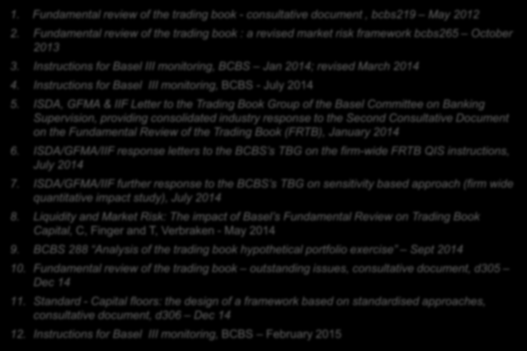 Bibliografia 1. Fundamental review of the trading book - consultative document, bcbs219 May 2012 2. Fundamental review of the trading book : a revised market risk framework bcbs265 October 2013 3.